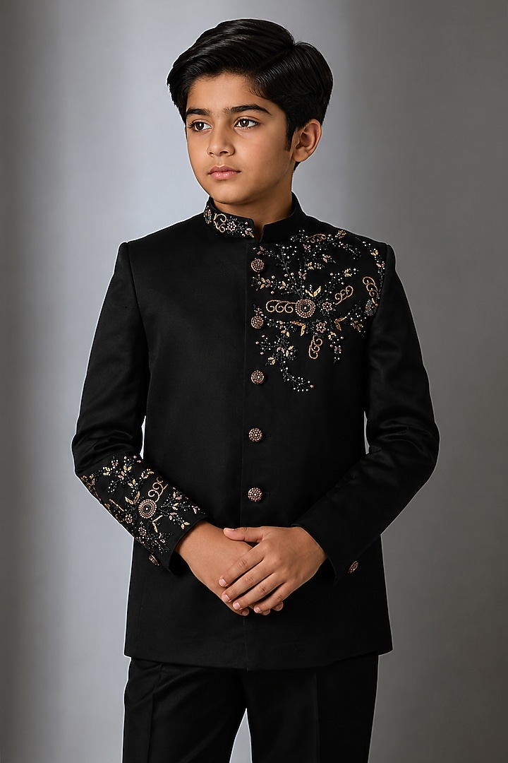 Black Linen Silk Hand Work Jodhpuri Bandhgala Set For Boys by Nero by Shaifali & Satya Kids at Pernia's Pop Up Shop