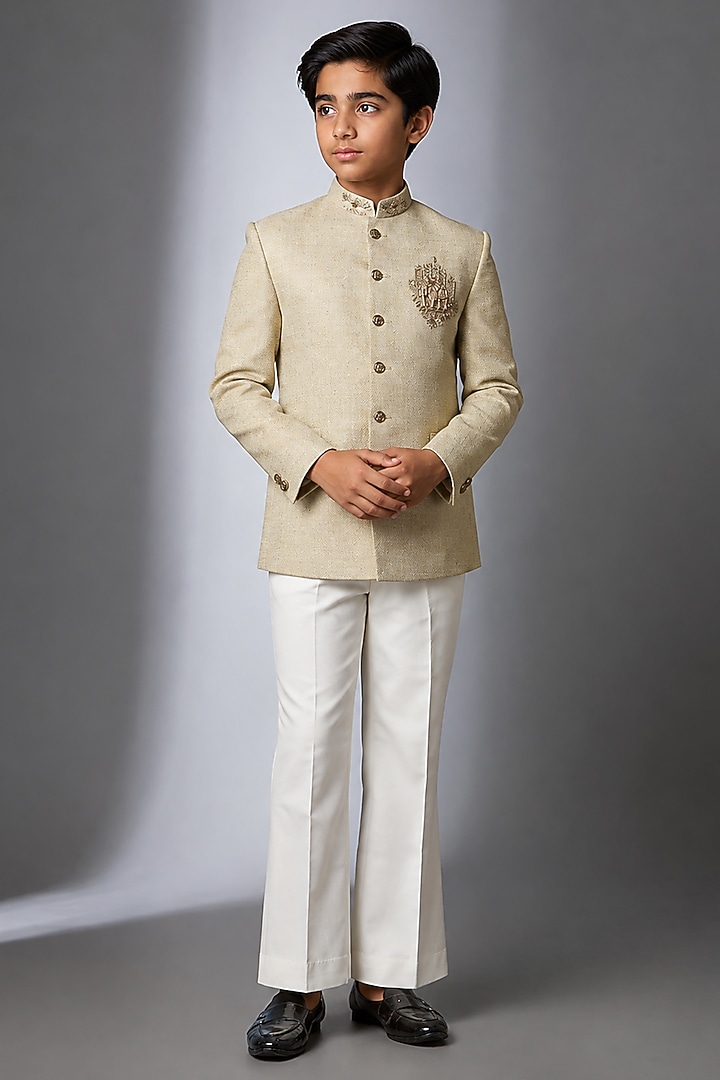 Mint Green Matka Silk Hand Work Jodhpuri Bandhgala Set For Boys by Nero by Shaifali & Satya Kids at Pernia's Pop Up Shop