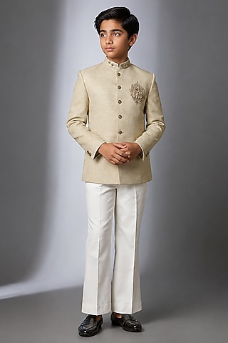 Mint Green Matka Silk Hand Work Jodhpuri Bandhgala Set For Boys by Nero by Shaifali & Satya Kids
