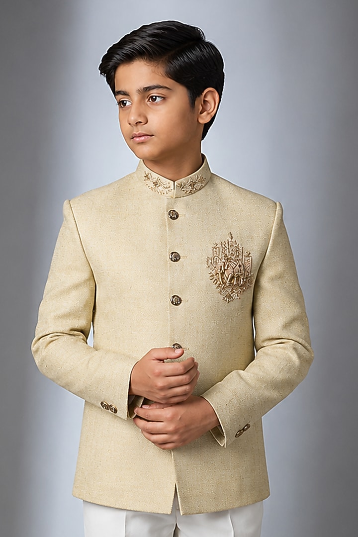 Mint Green Matka Silk Hand Work Jodhpuri Bandhgala Set For Boys by Nero by Shaifali & Satya Kids at Pernia's Pop Up Shop