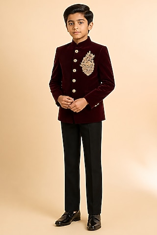 Maroon Swed Hand Work Jodhpuri Bandhgala Set For Boys by Nero by Shaifali & Satya Kids