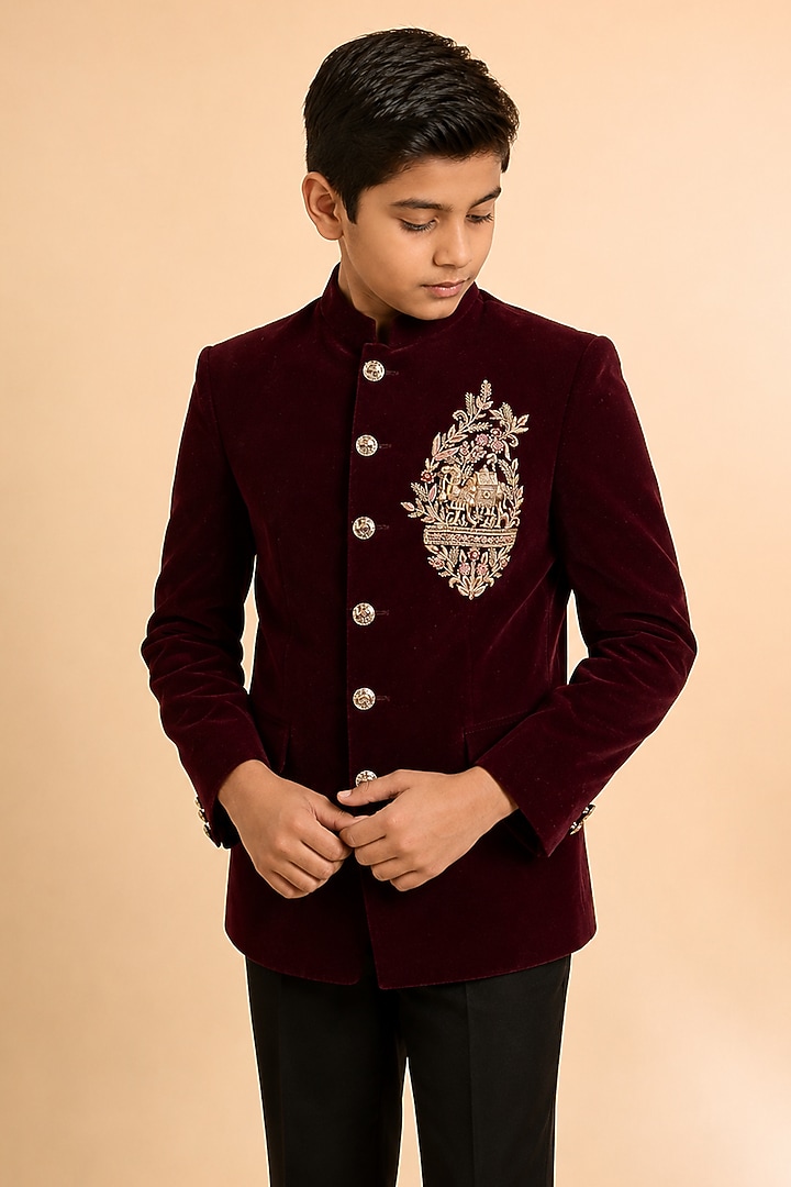 Maroon Swed Hand Work Jodhpuri Bandhgala Set For Boys by Nero by Shaifali & Satya Kids at Pernia's Pop Up Shop