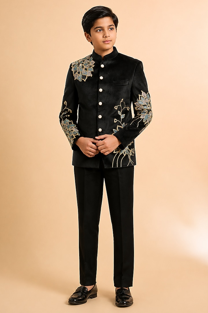 Black Swed Hand Work Jodhpuri Bandhgala Set For Boys by Nero by Shaifali & Satya Kids at Pernia's Pop Up Shop