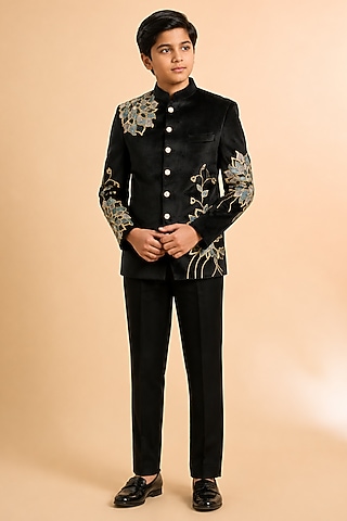 Black Swed Hand Work Jodhpuri Bandhgala Set For Boys by Nero by Shaifali & Satya Kids