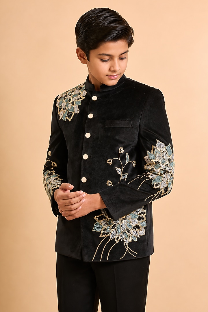 Black Swed Hand Work Jodhpuri Bandhgala Set For Boys by Nero by Shaifali & Satya Kids at Pernia's Pop Up Shop