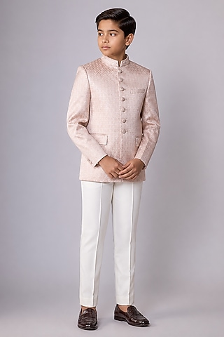 Light Pink Silk Printed Jodhpuri Bandhgala Set For Boys by Nero by Shaifali & Satya Kids