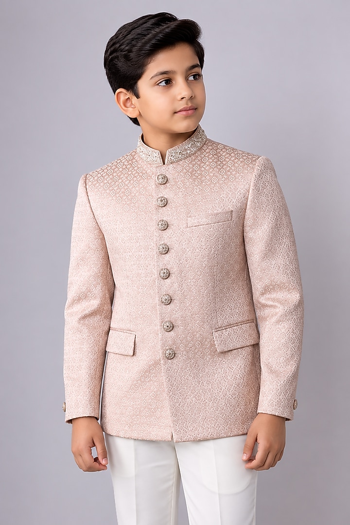 Light Pink Silk Printed Jodhpuri Bandhgala Set For Boys by Nero by Shaifali & Satya Kids at Pernia's Pop Up Shop