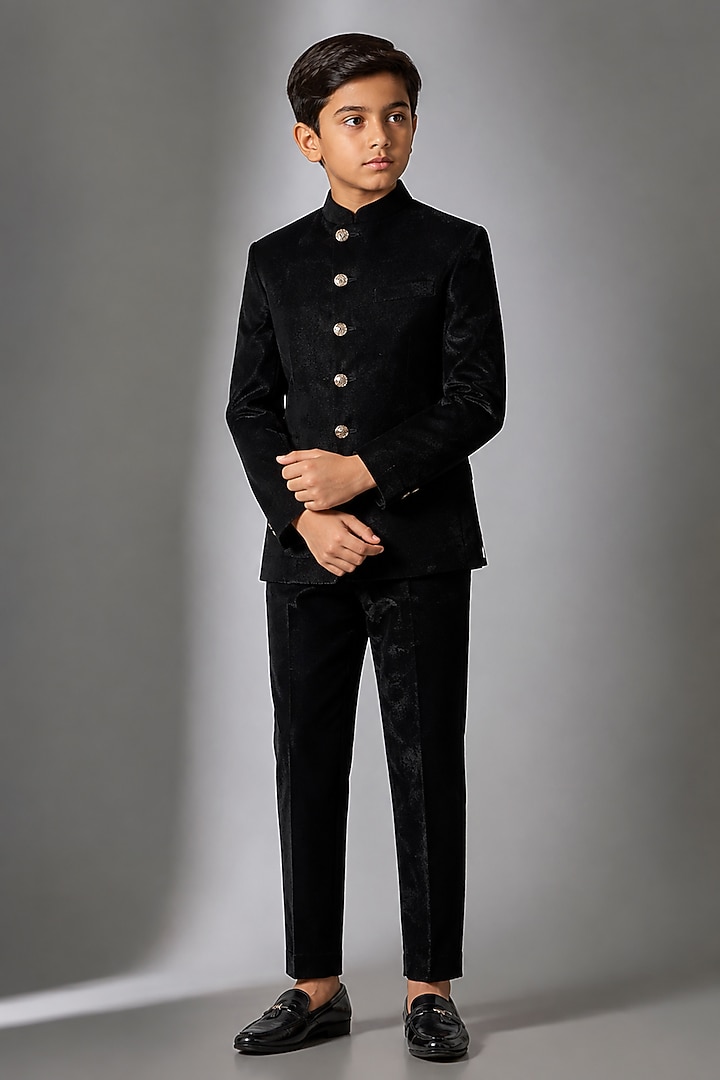 Black Velvet Jodhpuri Bandhgala Set For Boys by Nero by Shaifali & Satya Kids at Pernia's Pop Up Shop