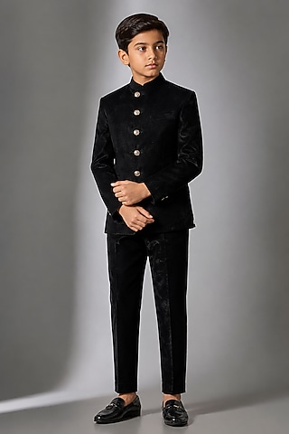 Black Velvet Jodhpuri Bandhgala Set For Boys by Nero by Shaifali & Satya Kids