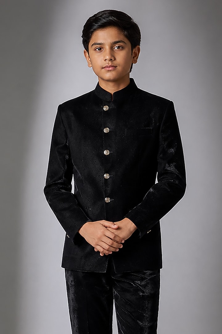 Black Velvet Jodhpuri Bandhgala Set For Boys by Nero by Shaifali & Satya Kids at Pernia's Pop Up Shop