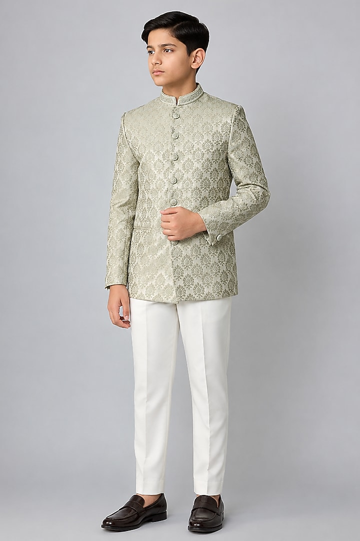 Mint Green Silk Printed Jodhpuri Bandhgala Set For Boys by Nero by Shaifali & Satya Kids at Pernia's Pop Up Shop