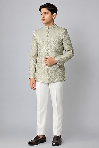 Mint Green Silk Printed Jodhpuri Bandhgala Set For Boys by Nero by Shaifali & Satya Kids