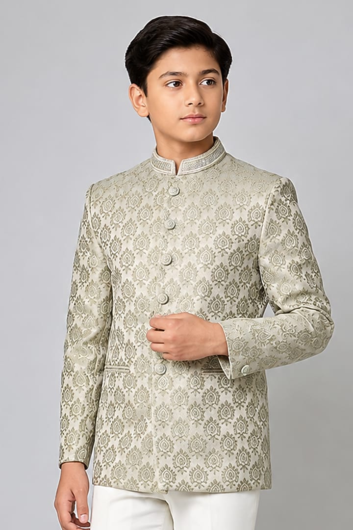 Mint Green Silk Printed Jodhpuri Bandhgala Set For Boys by Nero by Shaifali & Satya Kids at Pernia's Pop Up Shop