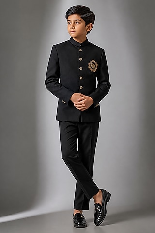 Black Silk Hand Work Jodhpuri Bandhgala Set For Boys by Nero by Shaifali & Satya Kids