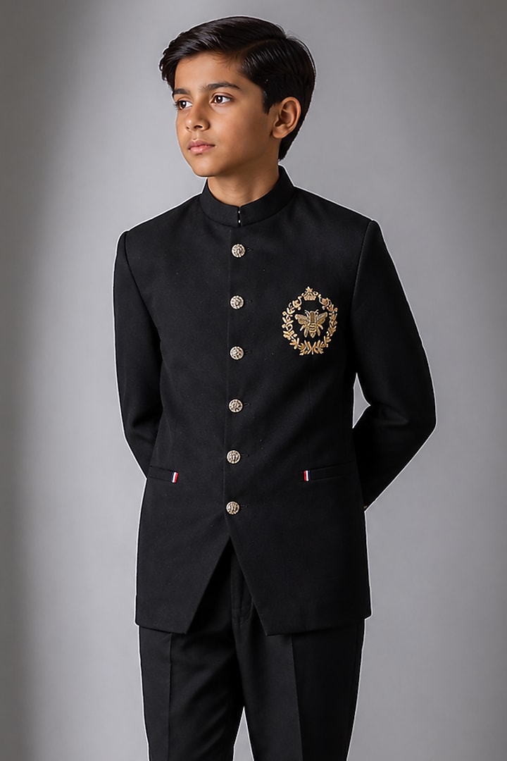 Black Silk Hand Work Jodhpuri Bandhgala Set For Boys by Nero by Shaifali & Satya Kids at Pernia's Pop Up Shop