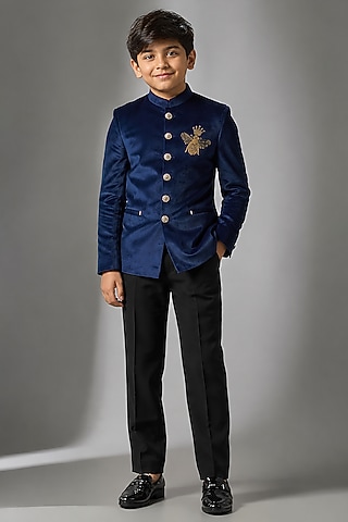 Royal Blue Swed Hand Work Jodhpuri Bandhgala Set For Boys by Nero by Shaifali & Satya Kids