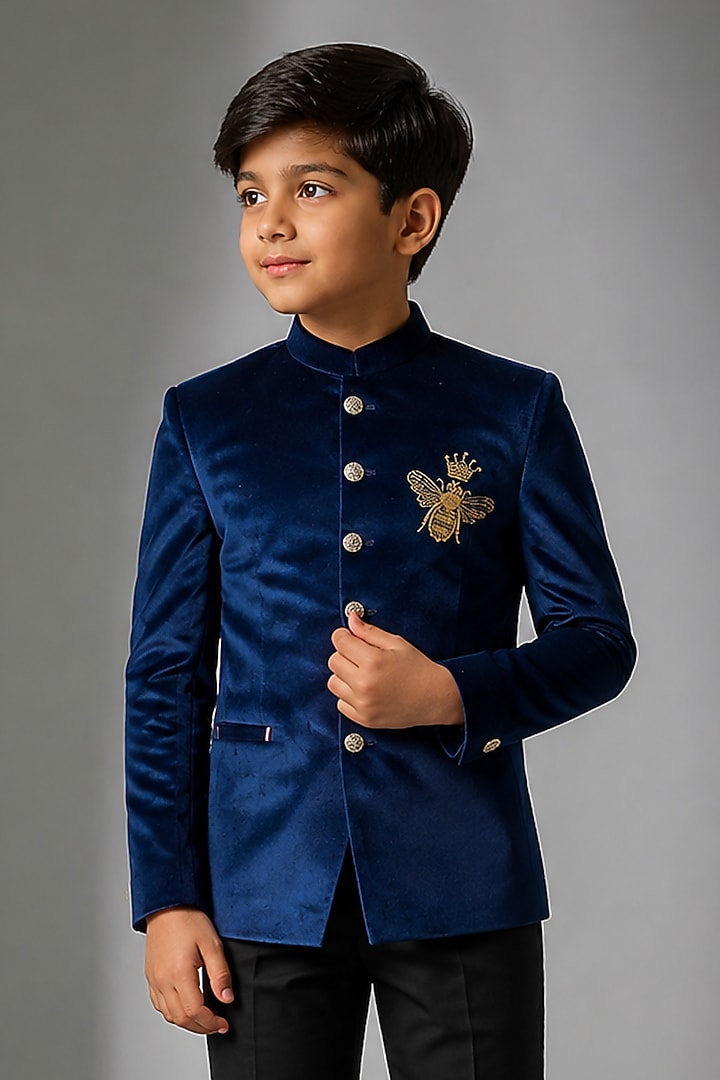 Royal Blue Swed Hand Work Jodhpuri Bandhgala Set For Boys by Nero by Shaifali & Satya Kids at Pernia's Pop Up Shop