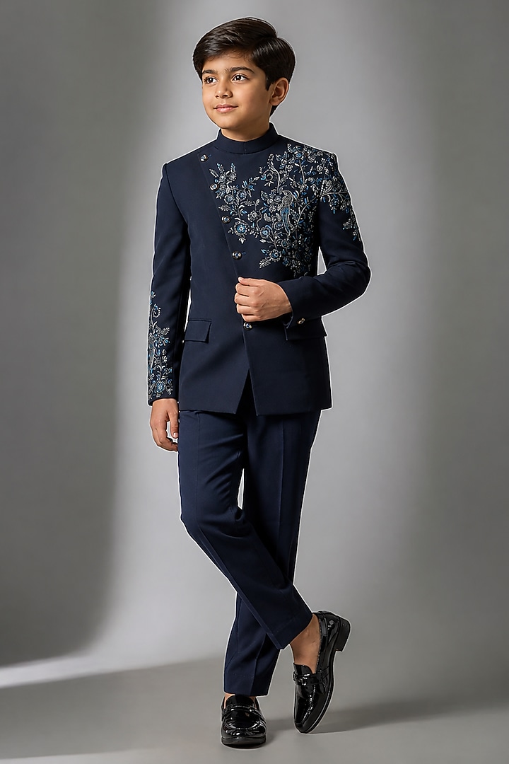 Midnight Blue Boomario Hand Work Jodhpuri Bandhgala Set For Boys by Nero by Shaifali & Satya Kids at Pernia's Pop Up Shop