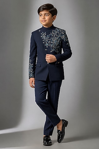 Midnight Blue Boomario Hand Work Jodhpuri Bandhgala Set For Boys by Nero by Shaifali & Satya Kids