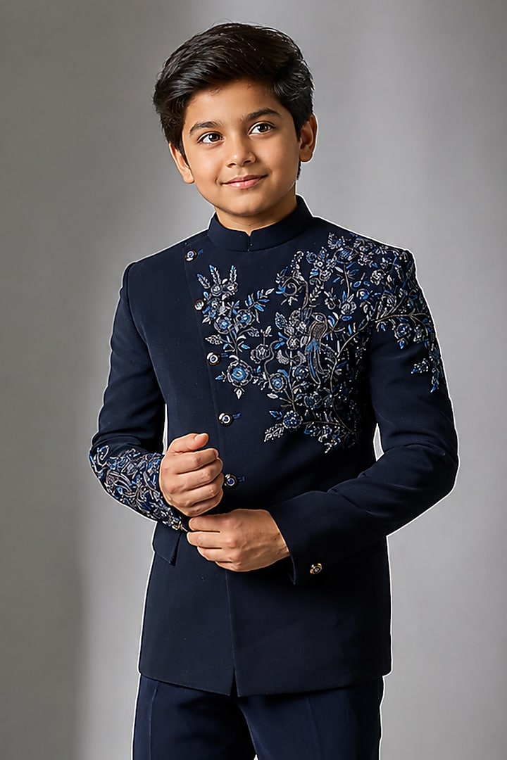 Midnight Blue Boomario Hand Work Jodhpuri Bandhgala Set For Boys by Nero by Shaifali & Satya Kids at Pernia's Pop Up Shop