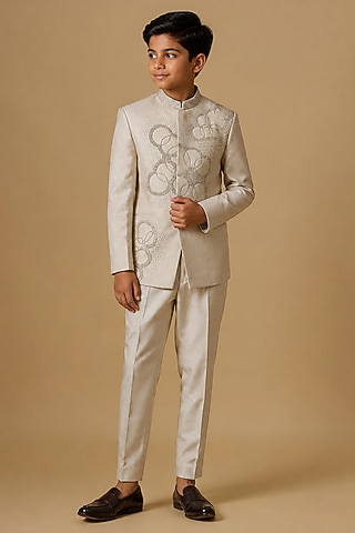 Beige Matka Silk Hand Work Jodhpuri Bandhgala Set For Boys by Nero by Shaifali & Satya Kids
