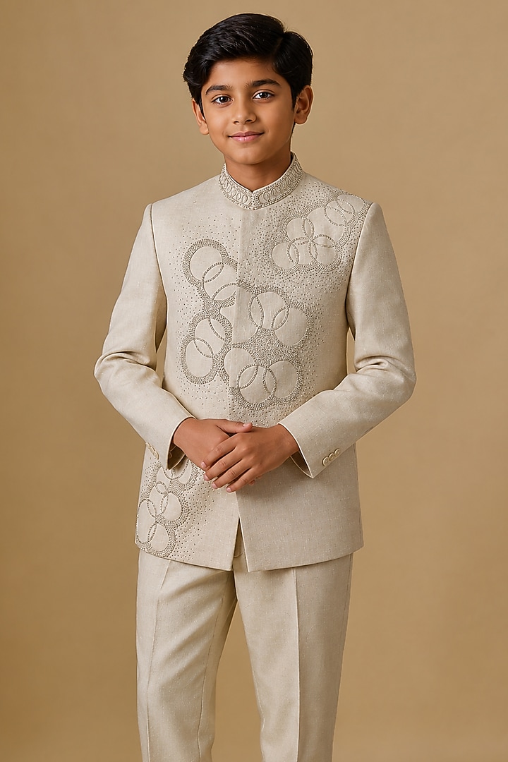 Beige Matka Silk Hand Work Jodhpuri Bandhgala Set For Boys by Nero by Shaifali & Satya Kids at Pernia's Pop Up Shop