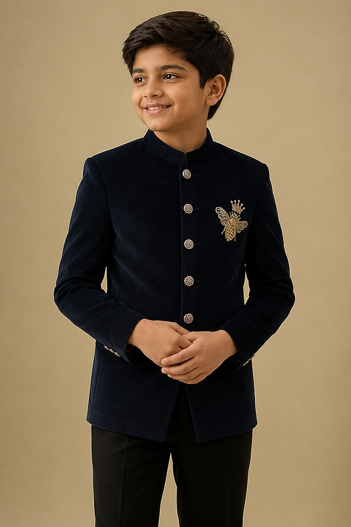 Black Swed Hand Work Jodhpuri Bandhgala Set For Boys by Nero by Shaifali & Satya Kids at Pernia's Pop Up Shop