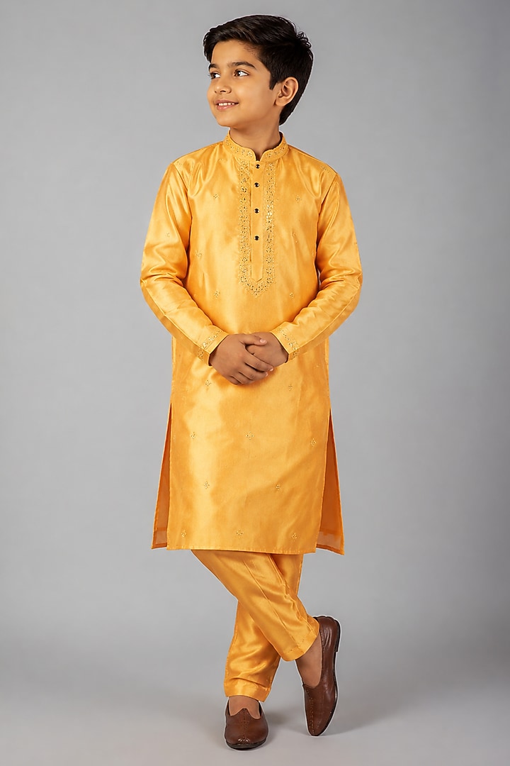 Yellow Silk Kurta Set For Boys by Nero by Shaifali & Satya Kids at Pernia's Pop Up Shop