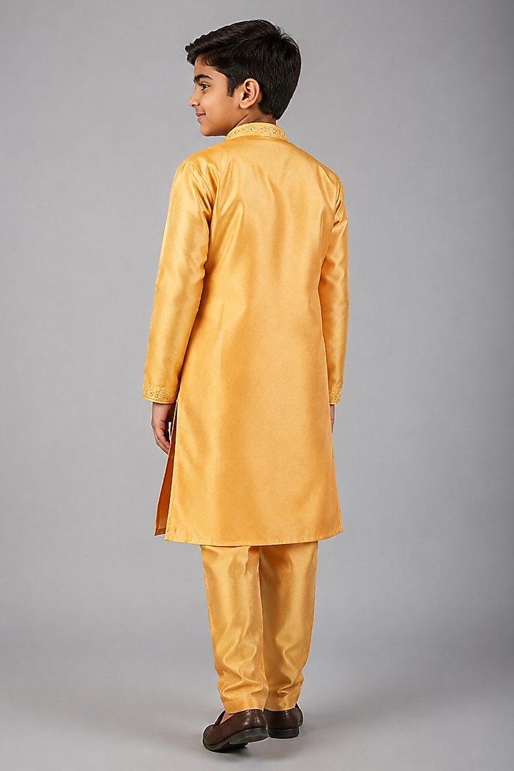 Yellow Silk Kurta Set For Boys by Nero by Shaifali & Satya Kids at Pernia's Pop Up Shop