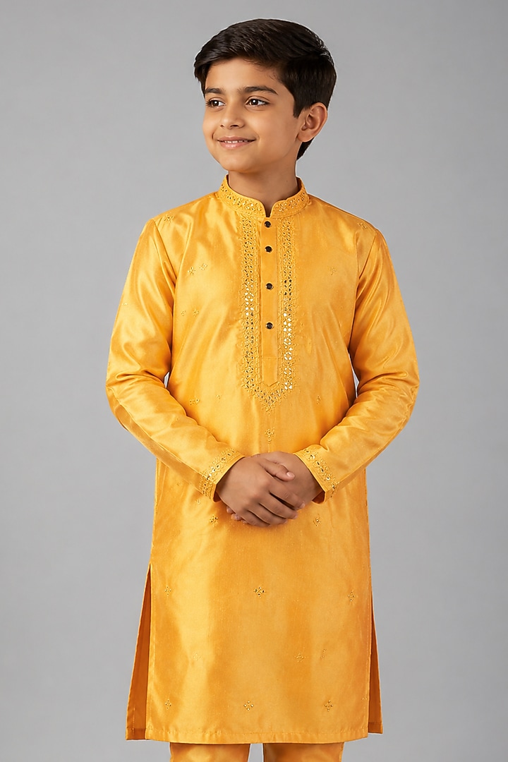 Yellow Silk Kurta Set For Boys by Nero by Shaifali & Satya Kids at Pernia's Pop Up Shop