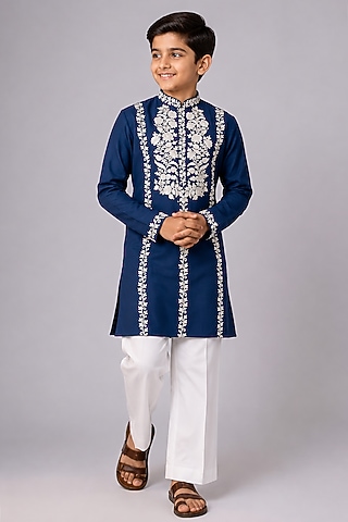 Blue Boomario Thread Embroidered Kurta Set For Boys by Nero by Shaifali & Satya Kids