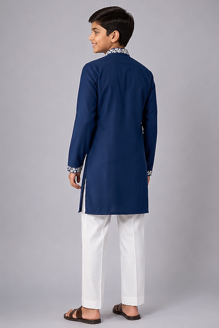 Blue Boomario Thread Embroidered Kurta Set For Boys by Nero by Shaifali & Satya Kids at Pernia's Pop Up Shop