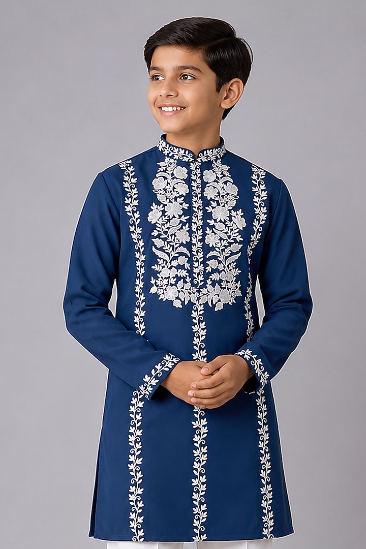 Blue Boomario Thread Embroidered Kurta Set For Boys by Nero by Shaifali & Satya Kids at Pernia's Pop Up Shop