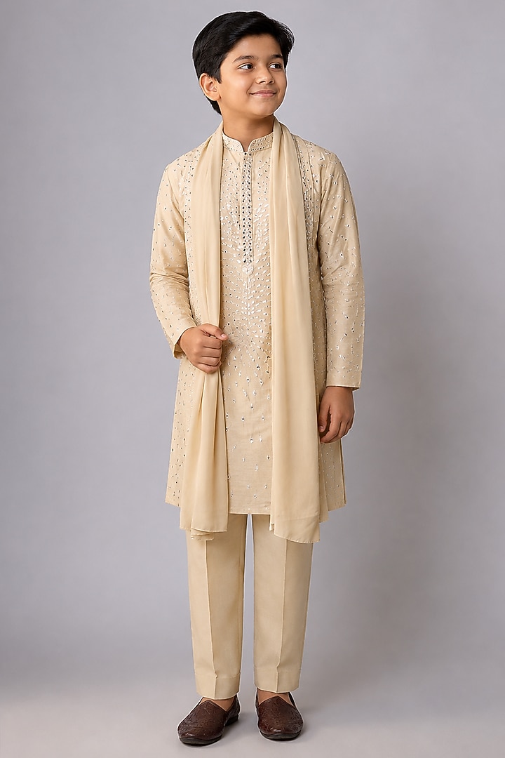 Cream Silk Mirror Work Kurta Set For Boys by Nero by Shaifali & Satya Kids at Pernia's Pop Up Shop