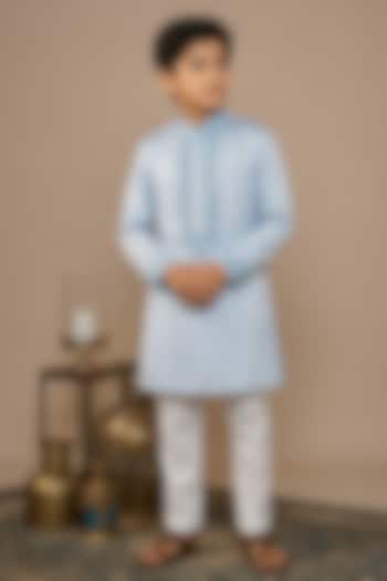 Light Blue Linen Silk Hand Work Kurta Set For Boys by Nero by Shaifali & Satya Kids at Pernia's Pop Up Shop