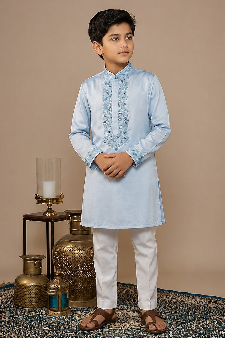 Light Blue Linen Silk Hand Work Kurta Set For Boys by Nero by Shaifali & Satya Kids at Pernia's Pop Up Shop
