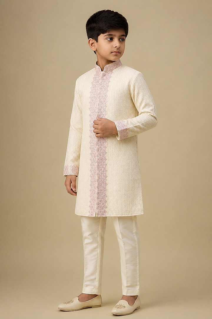 Ivory Silk Mirror Work Kurta Set For Boys by Nero by Shaifali & Satya Kids at Pernia's Pop Up Shop