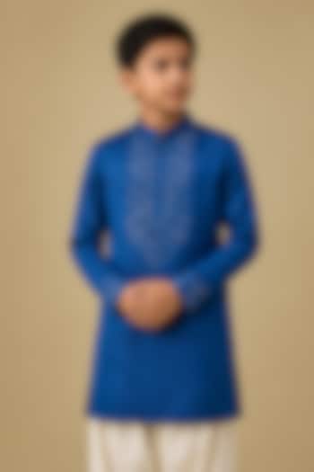 Royal Blue Linen Silk Mirror Work Kurta Set For Boys by Nero by Shaifali & Satya Kids at Pernia's Pop Up Shop