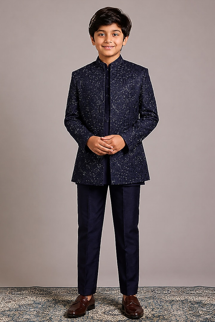Midnight Blue Lucknowi Hand Work Indowestern Set For Boys by Nero by Shaifali & Satya Kids at Pernia's Pop Up Shop