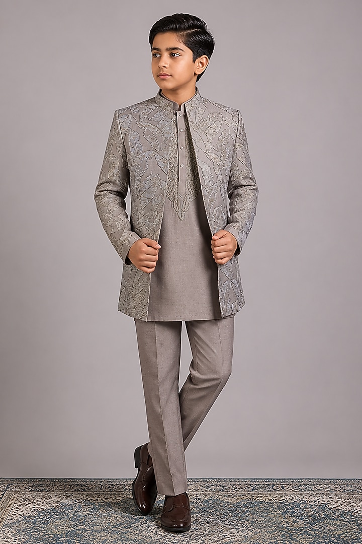 Grey Lucknowi Hand Work Indowestern Set For Boys by Nero by Shaifali & Satya Kids at Pernia's Pop Up Shop