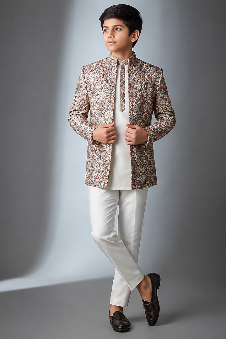 Ivory Silk Thread Work Indowestern Set For Boys by Nero by Shaifali & Satya Kids at Pernia's Pop Up Shop