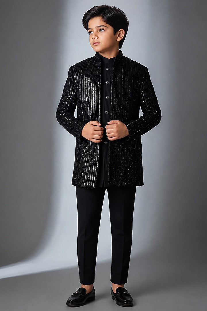 Black Velvet Hand Work Indowestern Set For Boys by Nero by Shaifali & Satya Kids at Pernia's Pop Up Shop