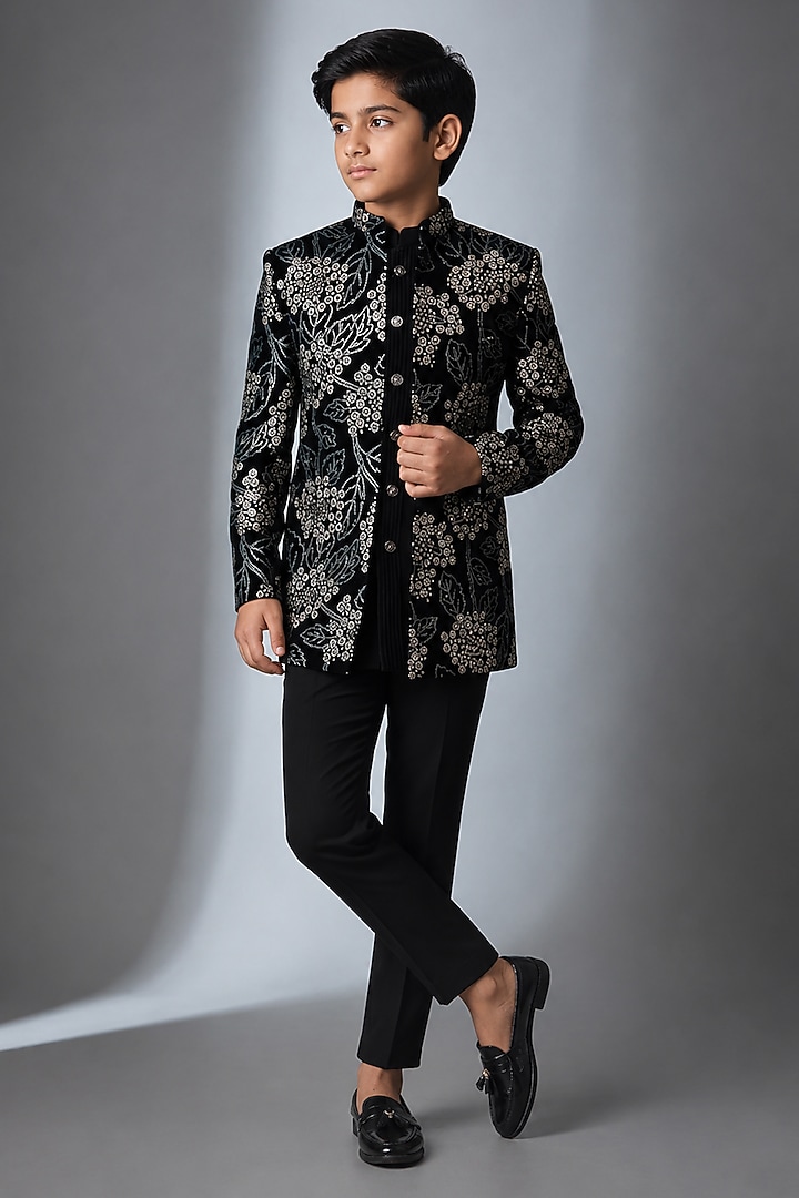 Black Velvet Hand Work Indowestern Set For Boys by Nero by Shaifali & Satya Kids at Pernia's Pop Up Shop