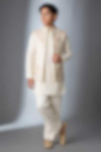 Ivory Silk Thread Work Bundi Jacket Set For Boys by Nero by Shaifali & Satya Kids at Pernia's Pop Up Shop