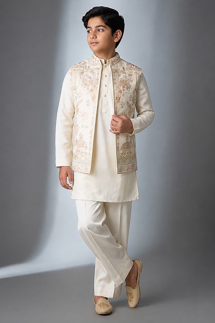 Ivory Silk Thread Work Bundi Jacket Set For Boys by Nero by Shaifali & Satya Kids at Pernia's Pop Up Shop