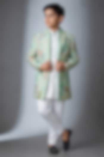 Mint Green Silk Thread Work Indowestern Set For Boys by Nero by Shaifali & Satya Kids at Pernia's Pop Up Shop