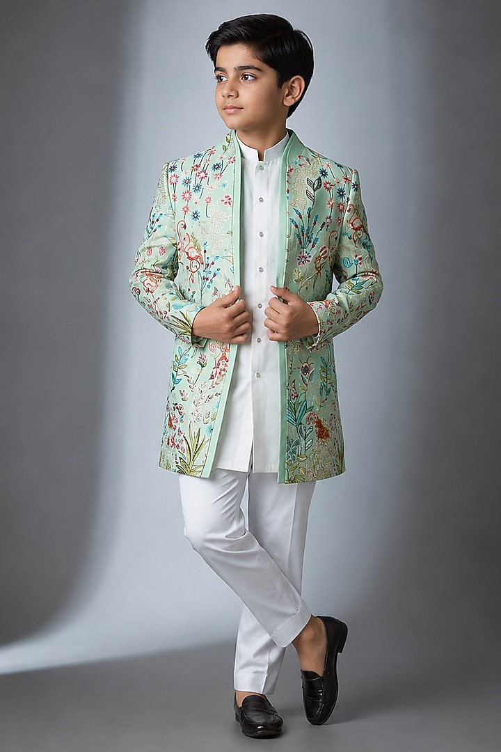 Mint Green Silk Thread Work Indowestern Set For Boys by Nero by Shaifali & Satya Kids at Pernia's Pop Up Shop