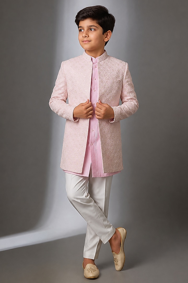 Light Pink Lucknowi Thread Work Indowestern Set For Boys by Nero by Shaifali & Satya Kids at Pernia's Pop Up Shop