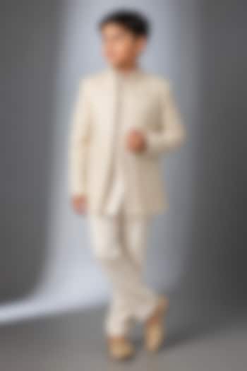 Beige Silk Thread Work Indowestern Set For Boys by Nero by Shaifali & Satya Kids at Pernia's Pop Up Shop