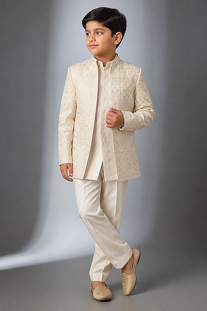 Beige Silk Thread Work Indowestern Set For Boys by Nero by Shaifali & Satya Kids at Pernia's Pop Up Shop